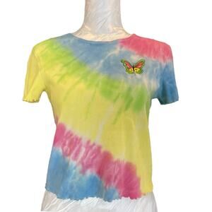 Vintage Y2K Pink Blue Rainbow Tie Dye Butterfly Embroidered Baby T shirt Sz